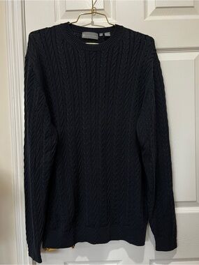 Hickey Freeman HF Cable Knit Fisherman Crew Sweater Silk Cotton Size Large Navy